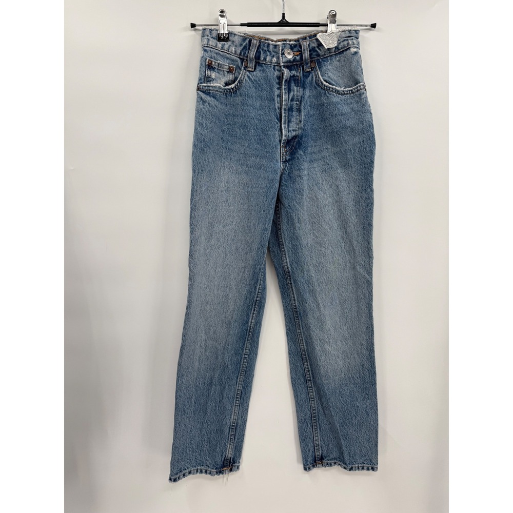 Zara Size 0 Straight Leg Jeans W Blue High Rise Distressed Cotton Button Fly